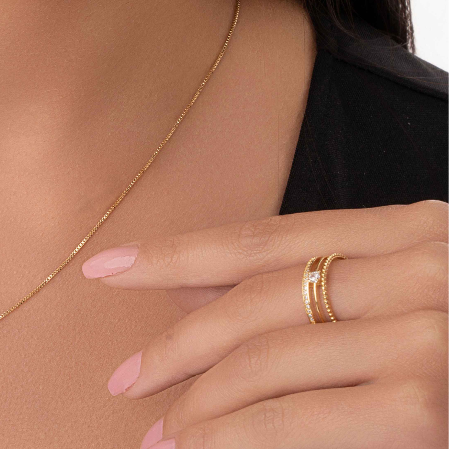 Anel Regulável Triplo com Zircônia Folheado a Ouro 18k