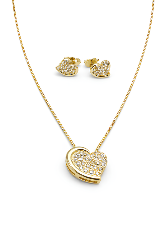 Conjunto Coração Zircônias Folheado a Ouro 18k