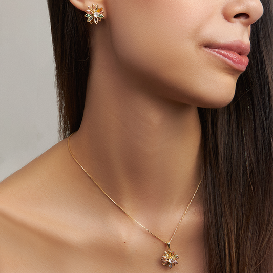 Conjunto Flor de Cristal Colorida Folheado a Ouro 18K