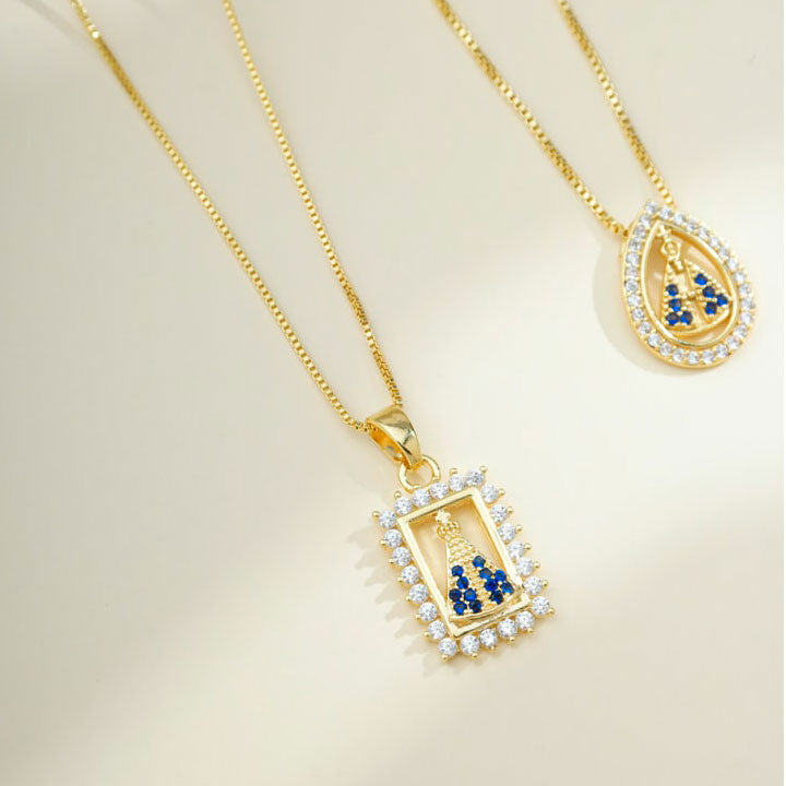 Colar Nossa Senhora com Moldura Cravejada Folheado a Ouro 18k