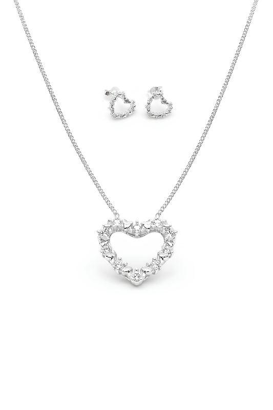Conjunto Coração Cravejado Folheado a Prata