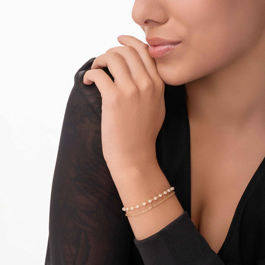 Pulseira Dupla Com Pérolas Folheado a Ouro18k
