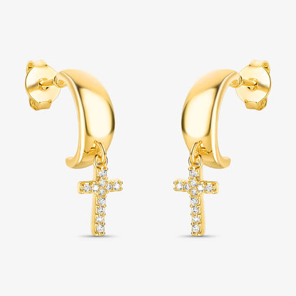 Argola Com Cruz Cravejada Folheado a Ouro 18k