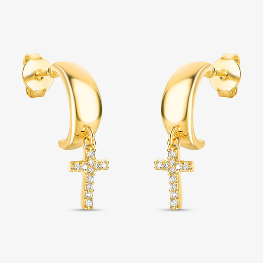 Argola Com Cruz Cravejada Folheado a Ouro 18k