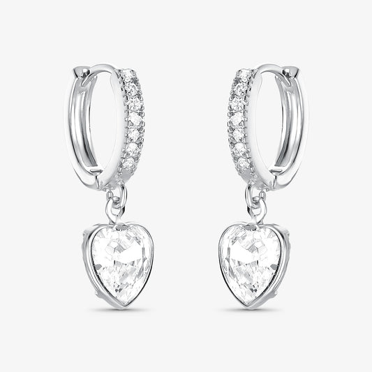 Brinco Argola Articulada Coração Cristal Folheado a Prata