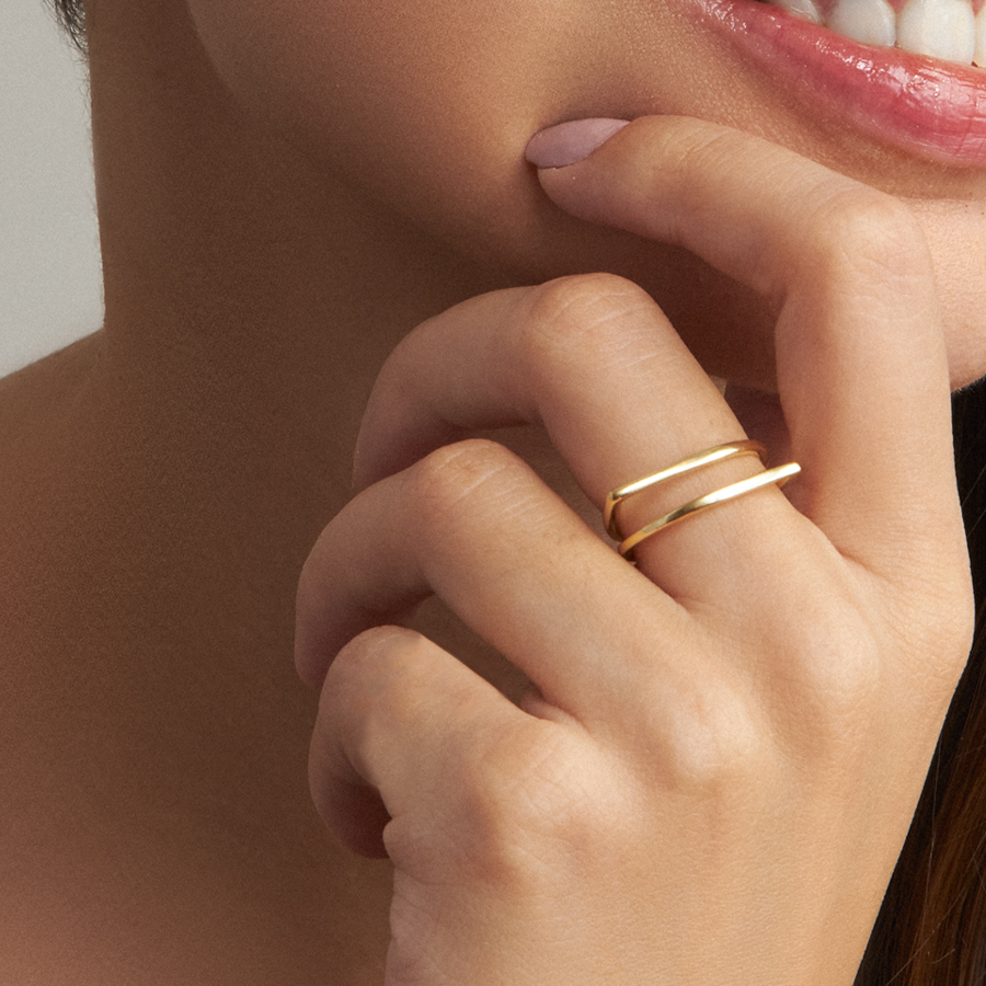 Anel Regulável Duplo Assimétrico Folheado a Ouro 18k