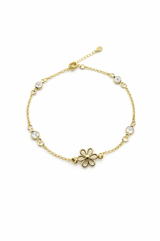 Pulseira Cristais Pingente Flor Vazada Folheado a Ouro 18k