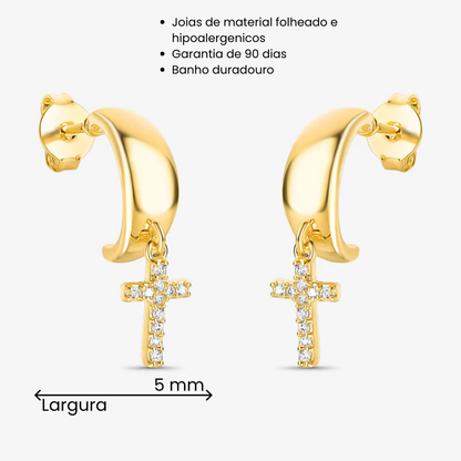 Argola Com Cruz Cravejada Folheado a Ouro 18k