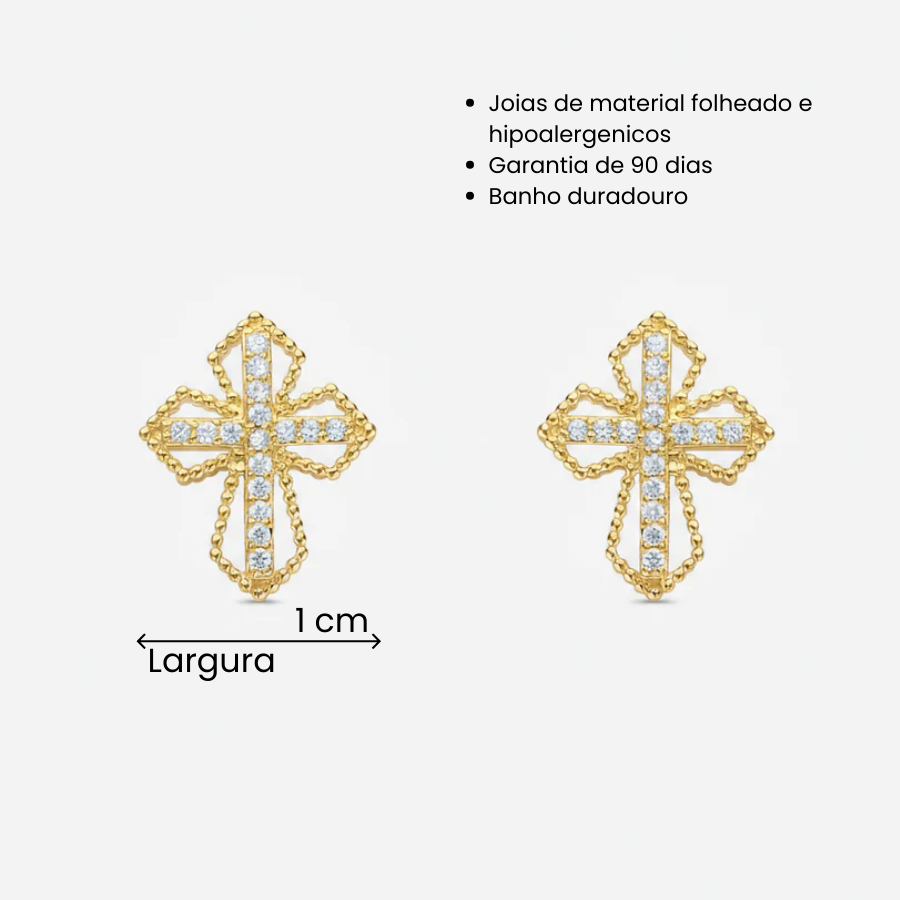 Brinco Cruz Cravejado Quatro Pontos Folheado a Ouro 18K