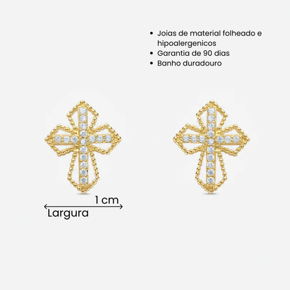 Brinco Cruz Cravejado Quatro Pontos Folheado a Ouro 18K