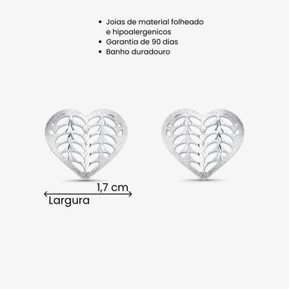 Brinco Coração Folhas Vazadas Folheado a Prata
