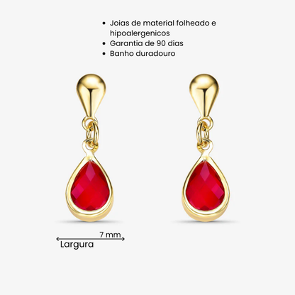 Brinco Gota Vermelha Vidro com Borda Folheado a Ouro 18k
