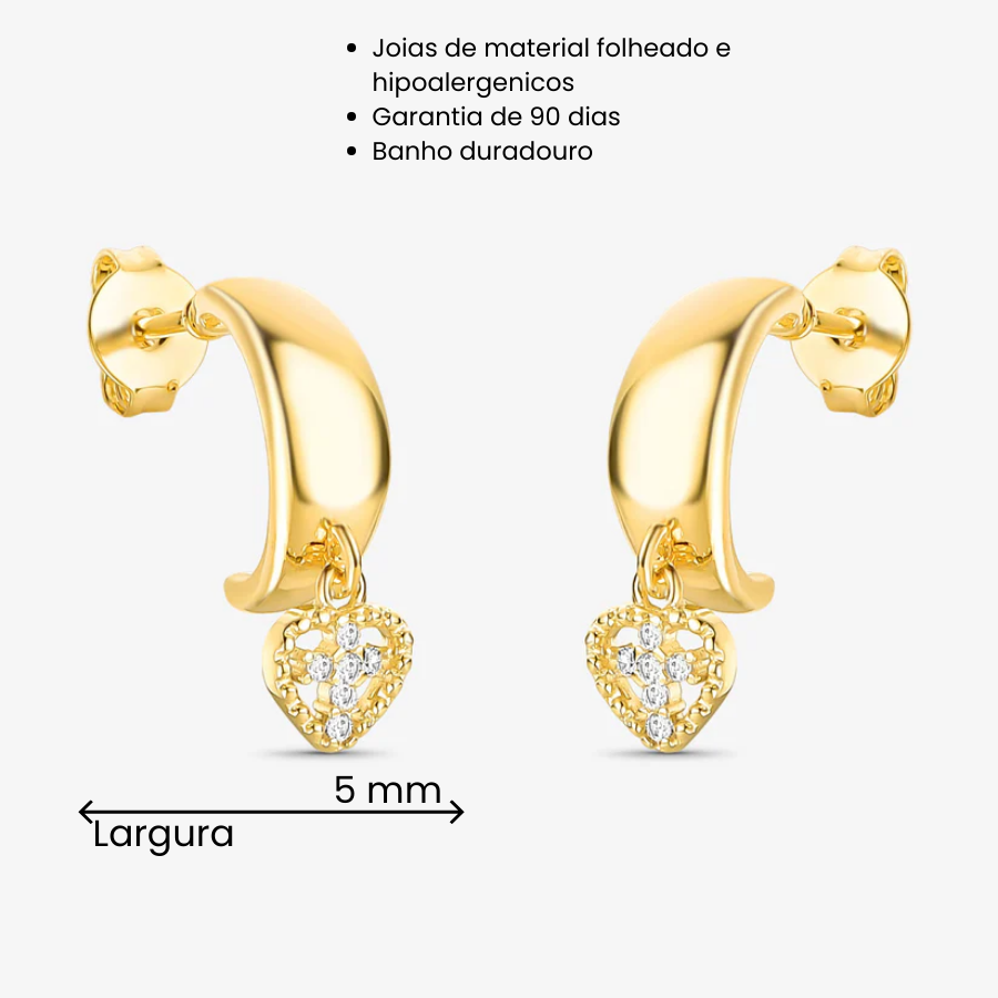 Argola Coração e Cruz Cravejada Folheado a Ouro 18k