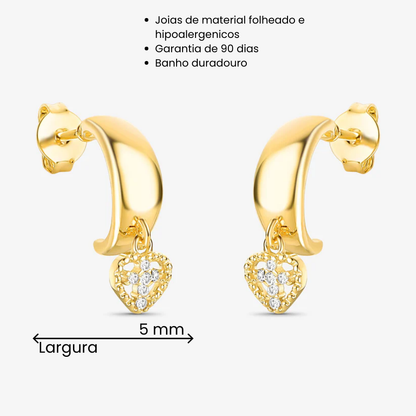 Argola Coração e Cruz Cravejada Folheado a Ouro 18k