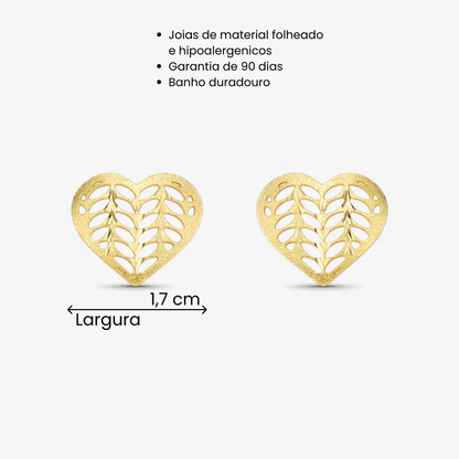 Brinco Coração Folhas Vazadas Folheado a Ouro 18k