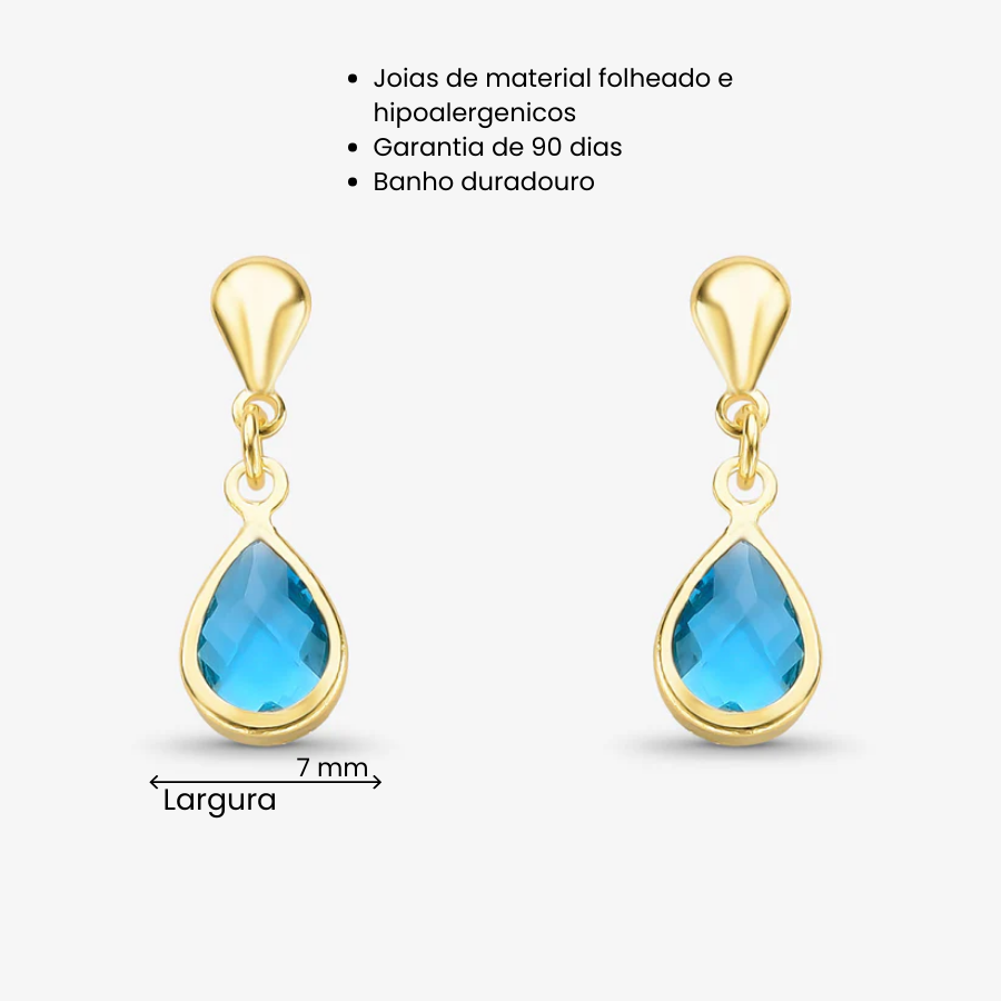 Brinco Gota Verde Água Vidro com borda Folheado a Ouro 18k