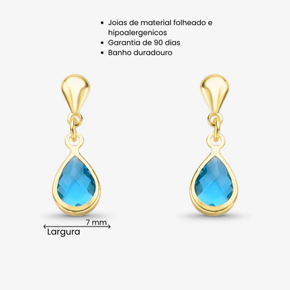Brinco Gota Verde Água Vidro com borda Folheado a Ouro 18k