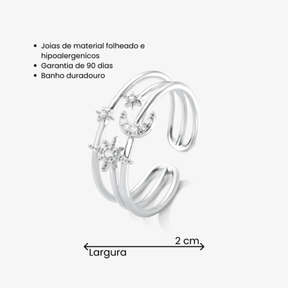 Anel Regulável Constelação com Lua Cravejado Folheado a Prata