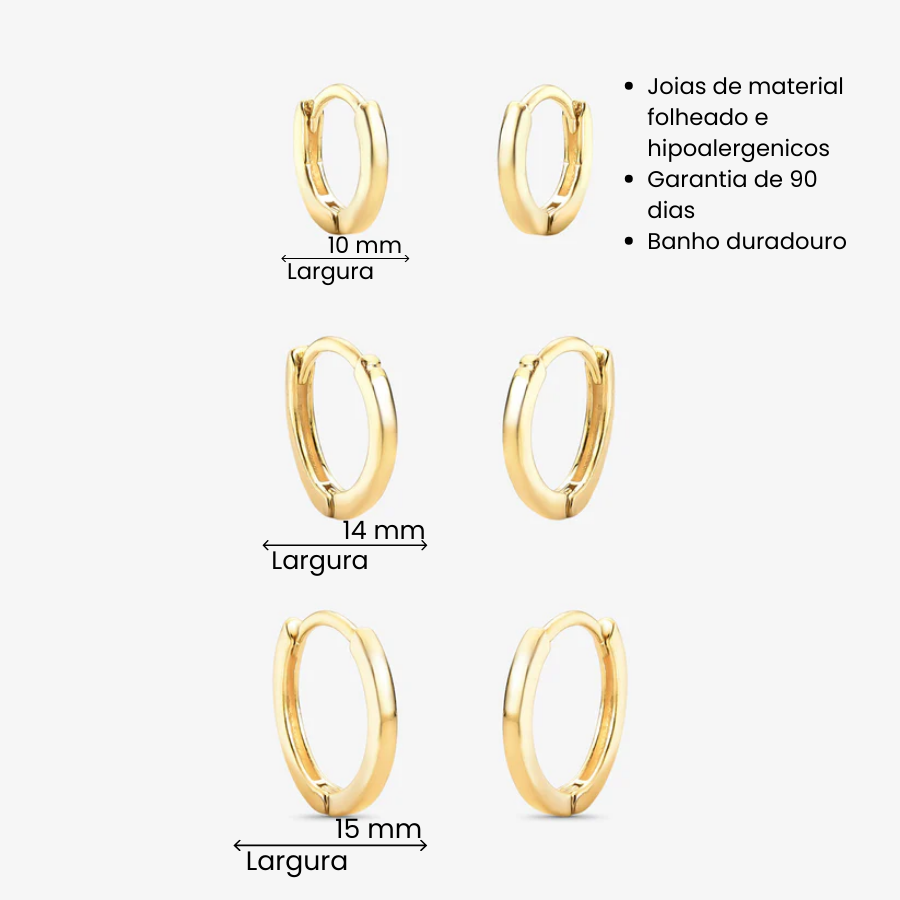Brinco Trio de Argolas Lisas 3mm Folheado a Ouro 18k