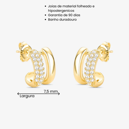 Brinco Duas Voltas Borda Cravejada Folheado a Ouro 18k