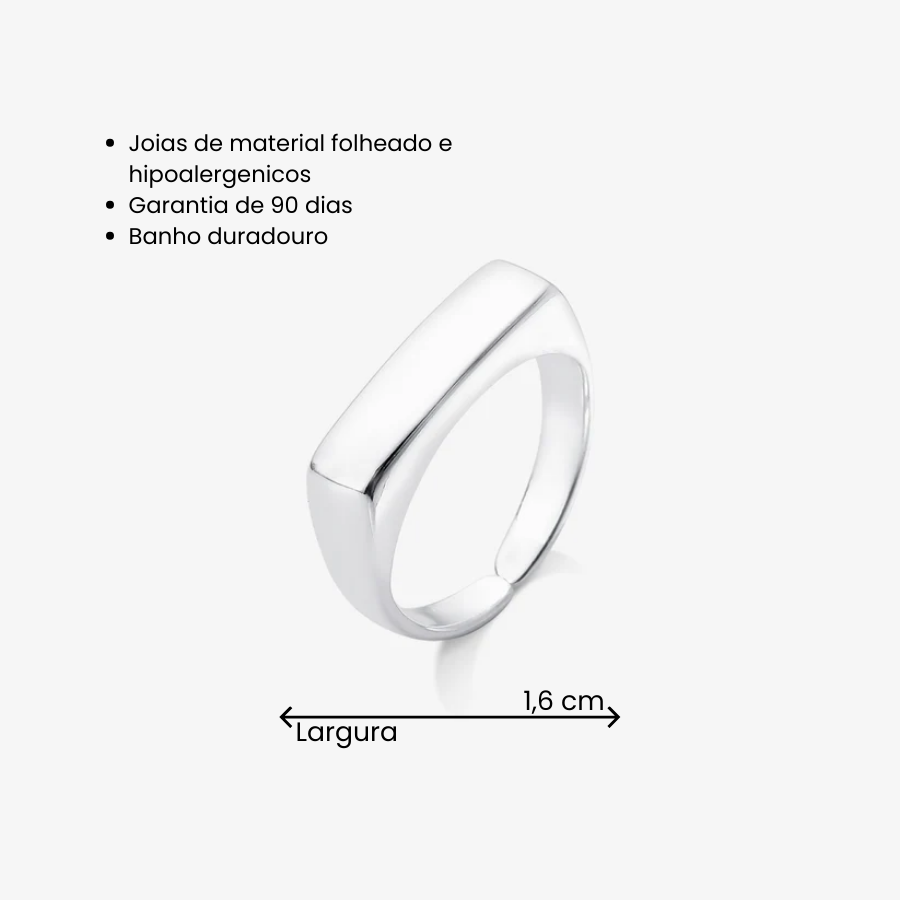 Anel Regulável com Base Retangular Lisa Folheado a Prata