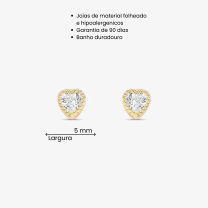 Brinco Mini Coração Cravejado Folheado a Ouro 18K