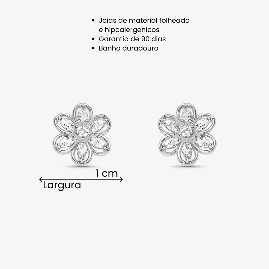 Brinco Flor Pétalas de Cristal Folheado a Prata