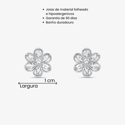 Brinco Flor Pétalas de Cristal Folheado a Prata