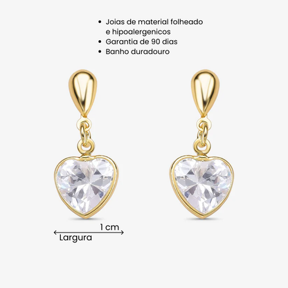 Brinco Coração de Cristal Folheado a Ouro 18K