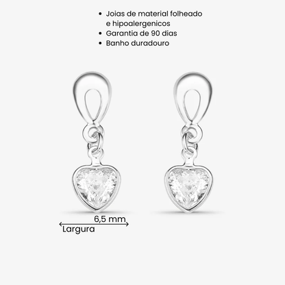 Brinco Coração de Cristal Pendente Folheado a Prata