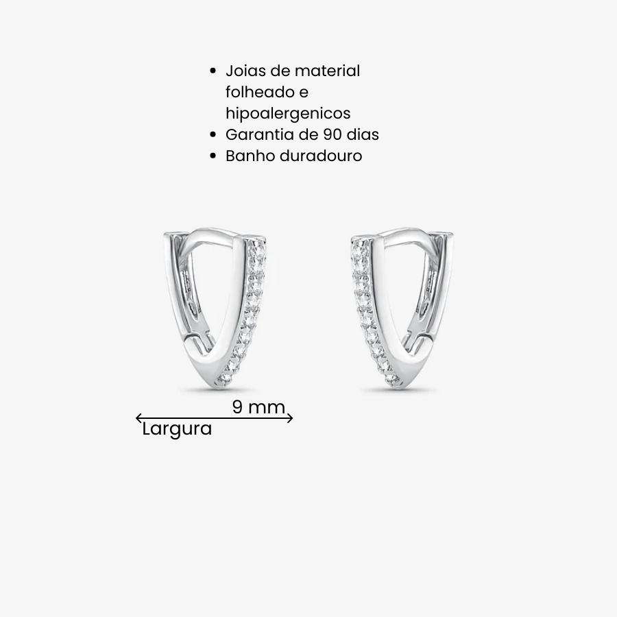 Brinco Argola Triângular Cravejada Folheado a Prata