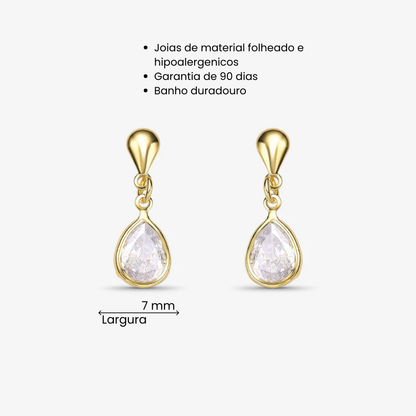 Brinco Gota de Cristal Folheado a Ouro 18k