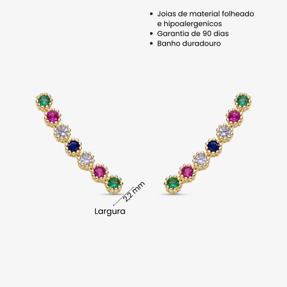 Brinco Lateral Pedras Coloridas Folheado a Ouro 18K