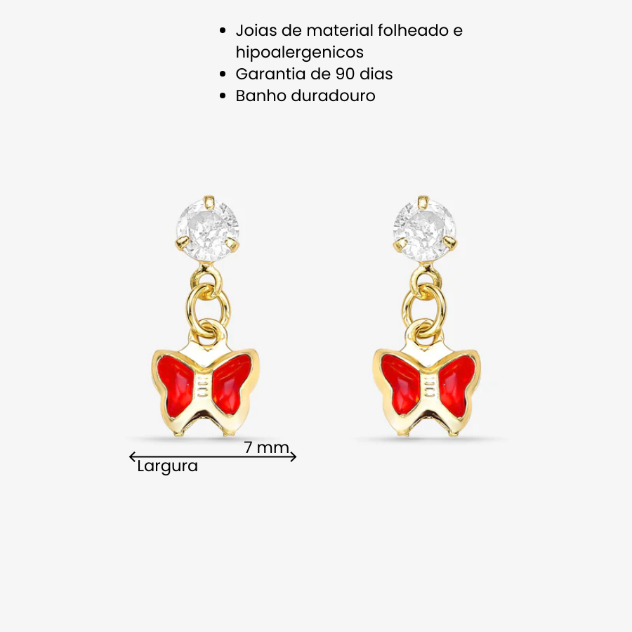 Brinco Infantil Borboleta Vermelha Folheado a Ouro 18k