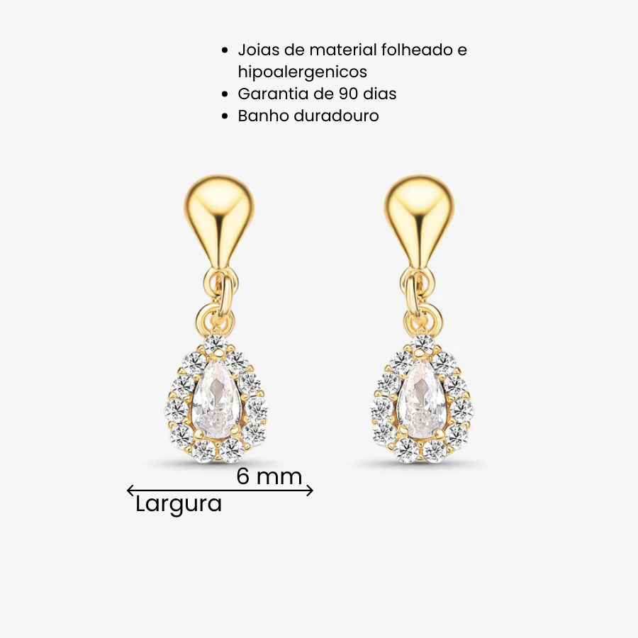 Brinco Gota Borda Cravejada Folheado a Ouro 18k