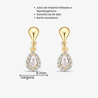 Brinco Gota Borda Cravejada Folheado a Ouro 18k