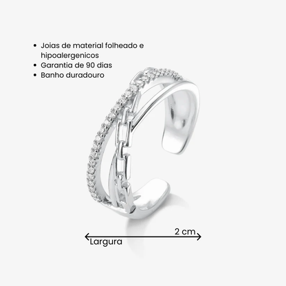 Anel Regulável Triplo Corrente Cravejada Folheado a Prata
