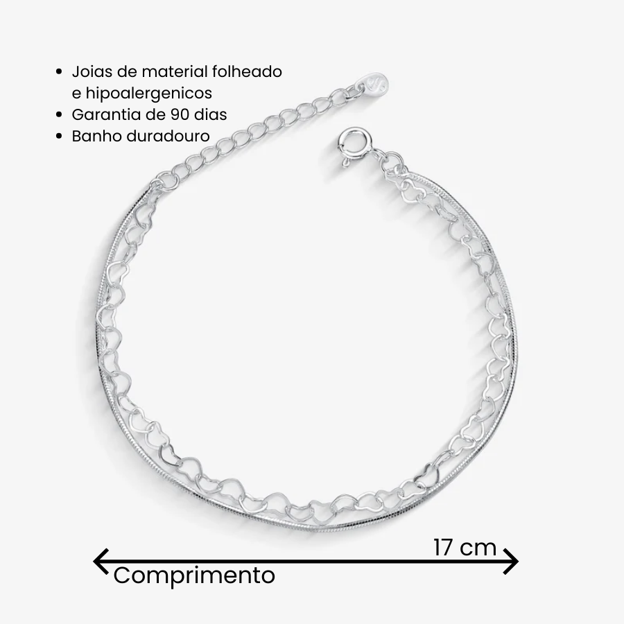 Pulseira Dupla Elo Coração Vazado Folheado a Prata