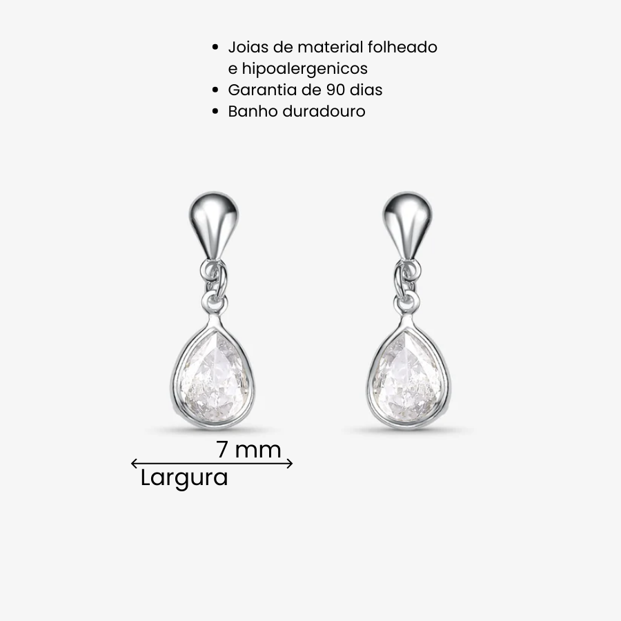 Brinco Gota Cristal Com Borda Folheado a Prata
