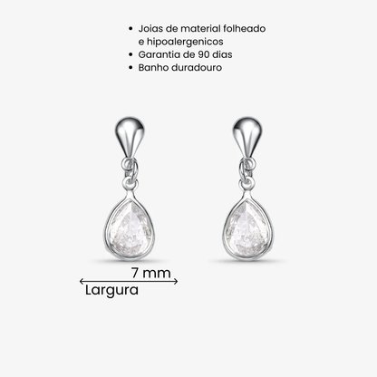 Brinco Gota Cristal Com Borda Folheado a Prata