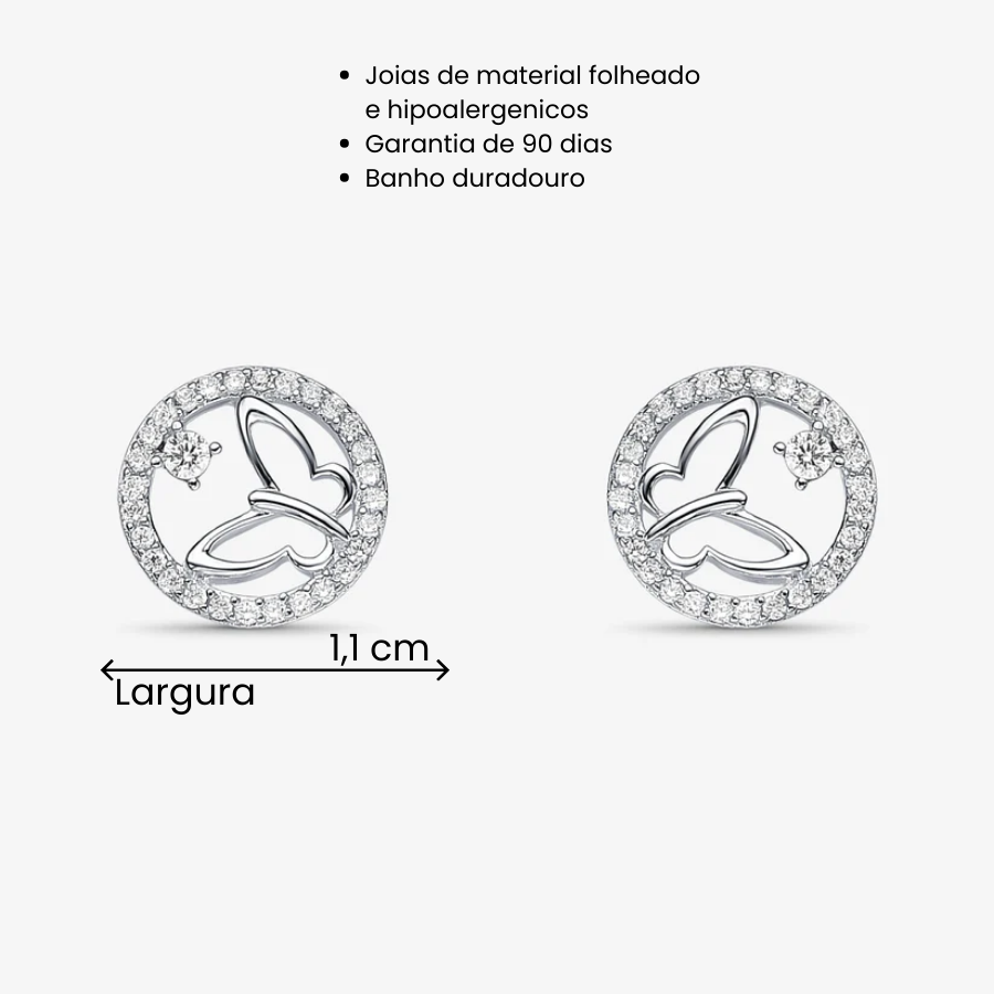 Brinco Borboleta com Borda Cravejada Folheado a Prata