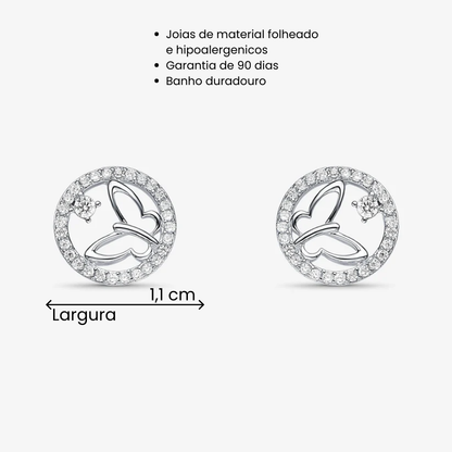 Brinco Borboleta com Borda Cravejada Folheado a Prata