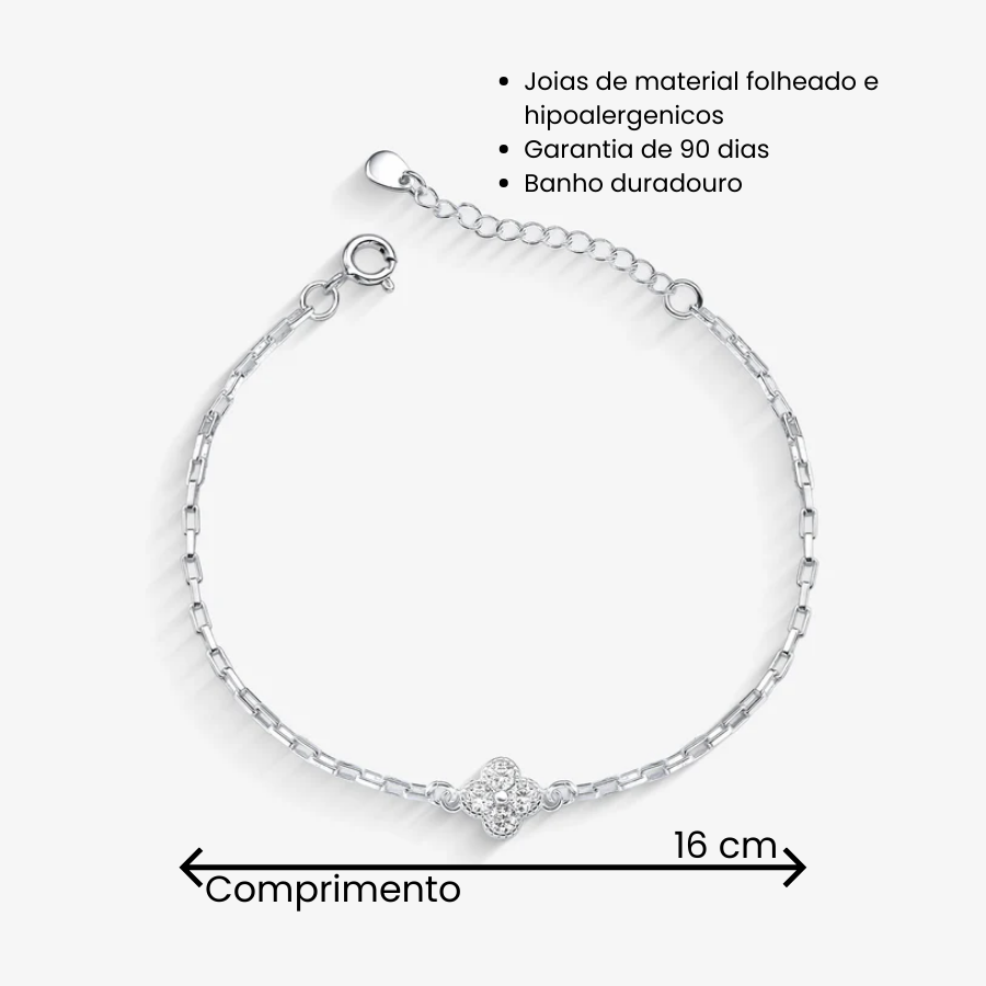 Pulseira Elo Quadrado Trevo de Cristal Folheado a Prata