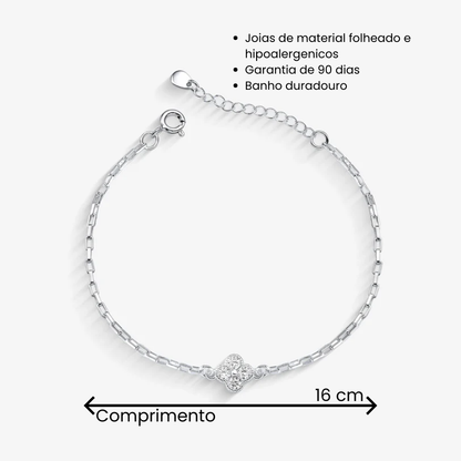 Pulseira Elo Quadrado Trevo de Cristal Folheado a Prata