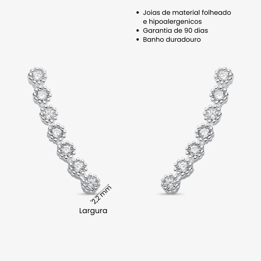 Brinco Lateral Pedras Brancas Folheado a Prata