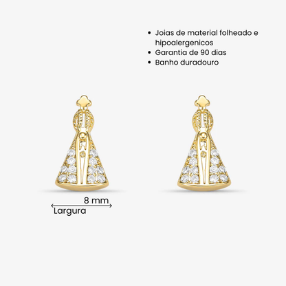 Brinco Nossa Senhora Aparecida Cravejada Folheado a Ouro 18k