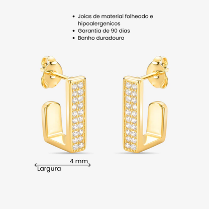 Brinco Argola Quadrada Borda Cravejada Folheado Ouro 18k