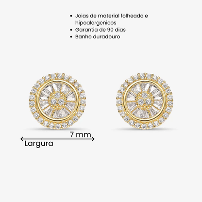 Brinco Flor Margarida Borda Cravejada Folheado a Ouro 18K