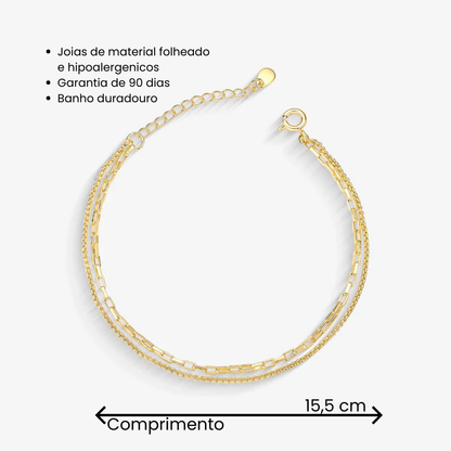 Pulseira Dupla Elo Quadrado Folheado a Ouro 18k