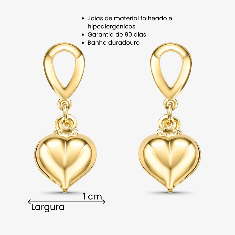 Brinco Gota Vazada com Coração Oco Folheado a Ouro 18k